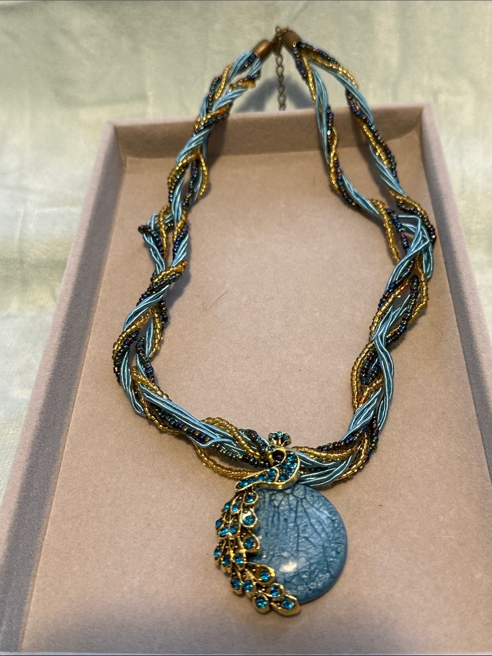 Gold & Teal Braided Peacock Pendant Necklace with Teal Stone - Women Jewelry